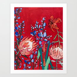 Red and Blue Floral with Peach Proteas Art Print