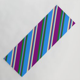 [ Thumbnail: Blue, Pale Goldenrod, Purple & Green Colored Lined/Striped Pattern Yoga Mat ]