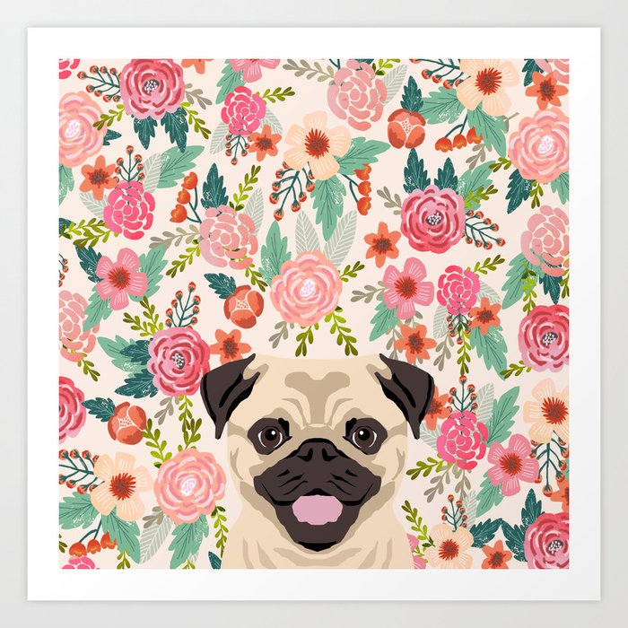 Pug floral dog portrait Pug dog peeking face gifts for dog lover pugs Art Print