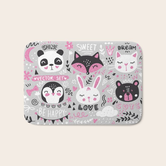 Cute cartoon animals bear panda bunny penguin cat fox Bath Mat by