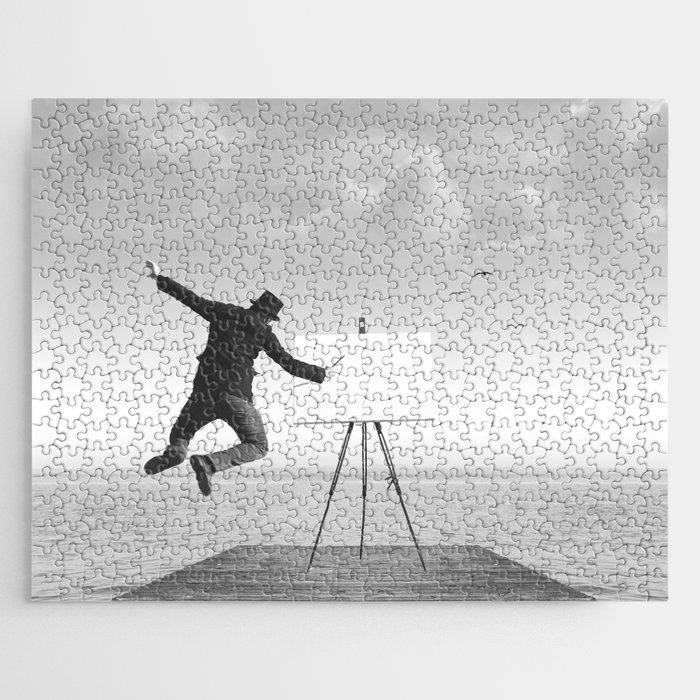 surreal black and white art painter drawing on a canvas Jigsaw Puzzle