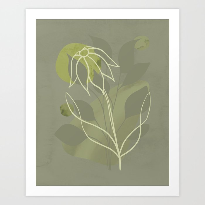 Minimalist illustration of leaves and a flower in shades of green Art Print