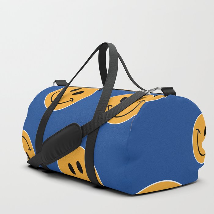 Yellow Smiley Face On Blue Duffle Bag
