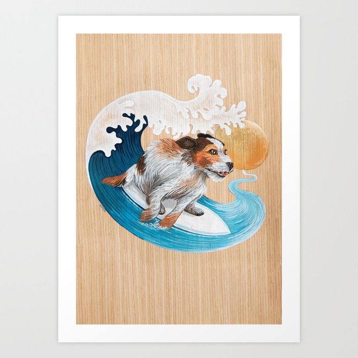 Surfing dog wave sea sun Art Print