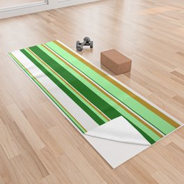 [ Thumbnail: Dark Goldenrod, Green, Dark Green, and White Colored Stripes Pattern Yoga Towel ]