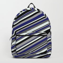 [ Thumbnail: Eye-catching Dark Grey, Midnight Blue, Dim Gray, Mint Cream & Black Colored Pattern of Stripes Backpack ]
