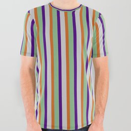 [ Thumbnail: Dark Sea Green, Indigo, Light Grey & Chocolate Colored Pattern of Stripes All Over Graphic Tee ]
