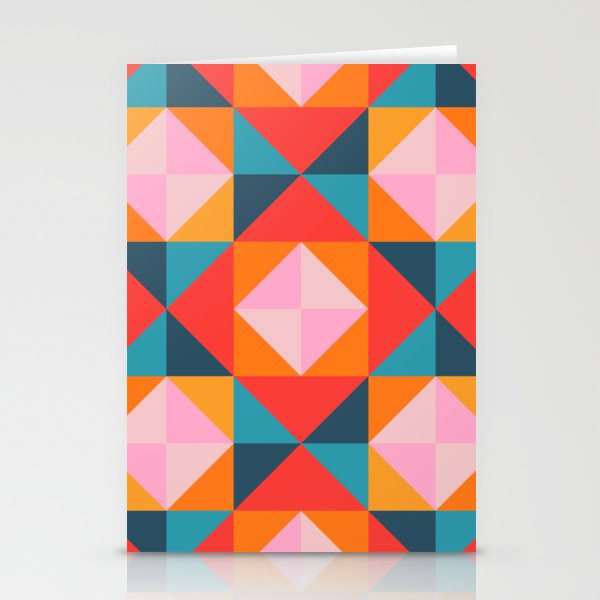 GEOMETRIC SQUARE CHECKERBOARD TILES in SOUTHWESTERN DESERT COLORS CORAL ORANGE PINK TEAL BLUE Stationery Cards