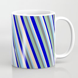 [ Thumbnail: Light Sky Blue, Dim Gray, Dark Sea Green, Blue & Bisque Colored Lined/Striped Pattern Coffee Mug ]