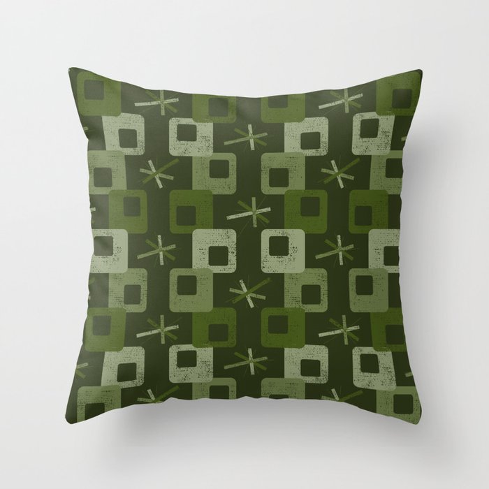 Mid Mod Geometric Groove Pattern - Olive Green Throw Pillow