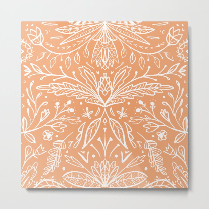 Modern folk art ornaments white on orange Metal Print