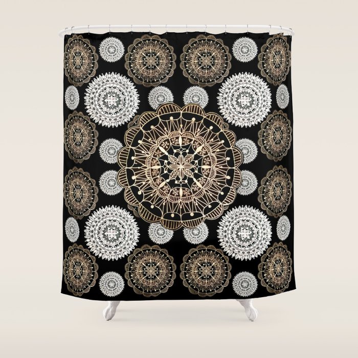 Black Silver And Rose Gold Mandala Patterned Textile Shower
