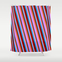 [ Thumbnail: Deep Sky Blue, Dark Red, Chocolate & Violet Colored Lines/Stripes Pattern Shower Curtain ]
