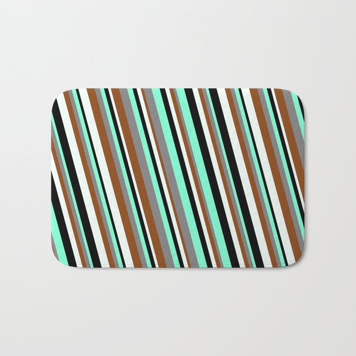 Eyecatching Aquamarine, Gray, Brown, Mint Cream, and Black Colored Striped/Lined Pattern Bath Mat