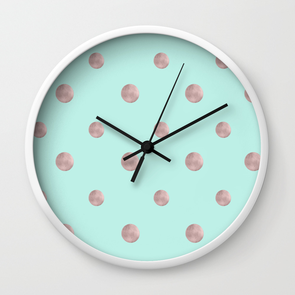 Happy Polka Dots Rose Gold On Mint 1 Decor Art Society6 Wall Clock