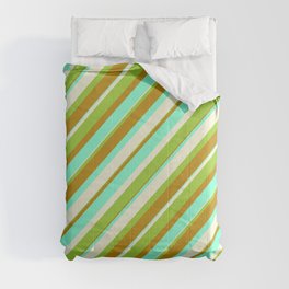 [ Thumbnail: Beige, Green, Dark Goldenrod, and Aquamarine Colored Striped/Lined Pattern Comforter ]