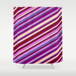 [ Thumbnail: Eyecatching Purple, Orchid, Tan, Slate Blue & Maroon Colored Lined Pattern Shower Curtain ]