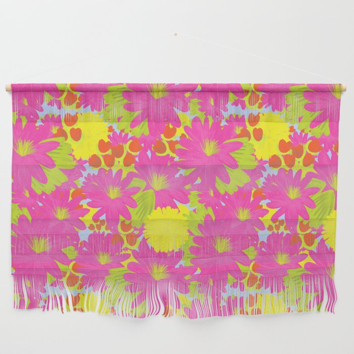 Retro Modern Maximalist Tropical Flowers On Sky Blue Wall Hanging