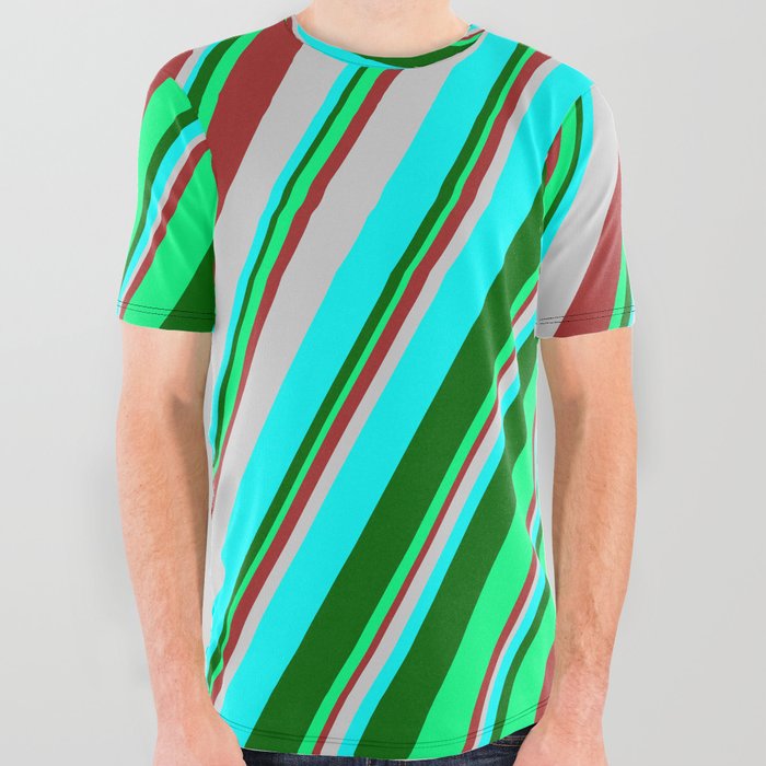 Colorful Brown, Light Grey, Cyan, Dark Green, and Green Colored Stripes Pattern All Over Graphic Tee
