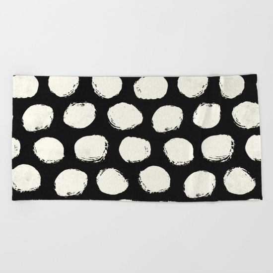 Trendy Cream Polka Dots on Black Beach Towel