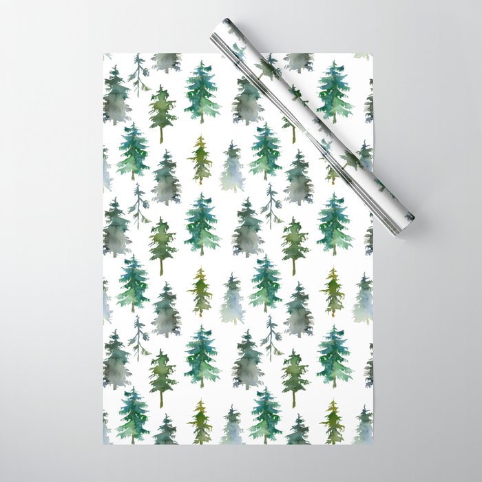 White Snowy Winter Mountains And Trees Watercolor Landscape Pattern Wrapping Paper