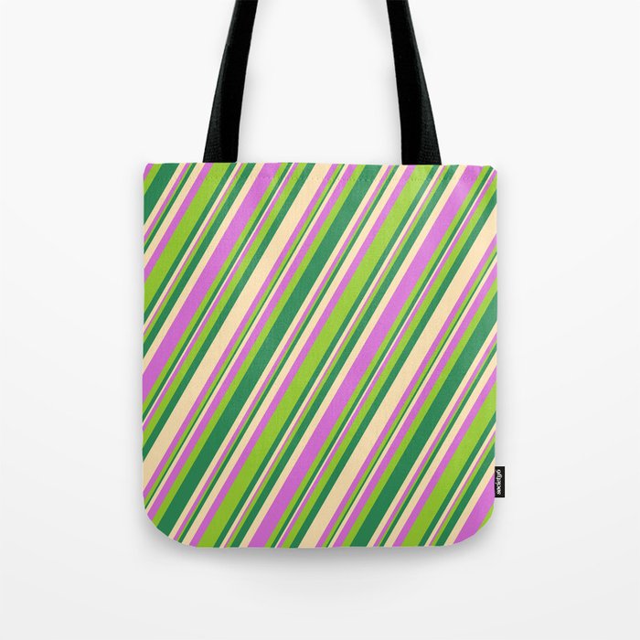 Orchid, Green, Sea Green, and Beige Colored Stripes Pattern Tote Bag