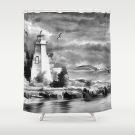 Watercolor Lighthouse Coast (Black and White) Shower Curtain