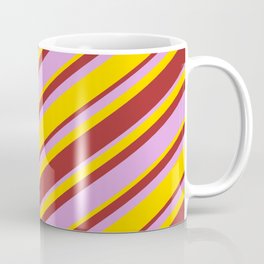 [ Thumbnail: Yellow, Brown, and Plum Colored Pattern of Stripes Coffee Mug ]