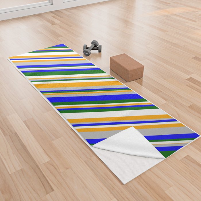 Eyecatching Grey, Blue, Dark Green, White, and Orange Colored Stripes/Lines Pattern Yoga Towel