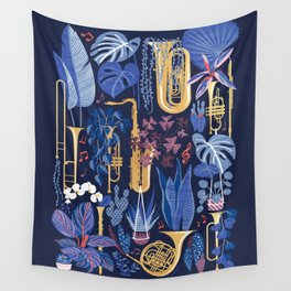Music to my eyes // oxford navy blue background gold textured musical instruments blue indoor plants coral music notes Wall Tapestry