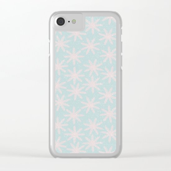 Merry christmas- pink snowflakes and snow on aqua backround Clear iPhone Case