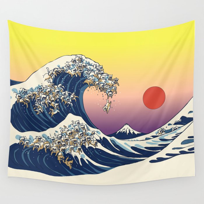 The Great Wave Of  Cat Wall Tapestry