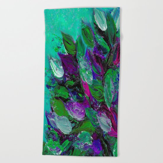 BLOOMING BEAUTIFUL 1 - Floral Painting Mint Green Seafoam Purple White Leaves Petals Summer Flowers Beach Towel