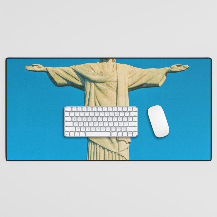 Brazil Photography - Statue Of Christ The Redeemer Under The Blue Sky Desk Mat