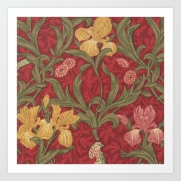 William Morris Crimson Red Irises and Poppies textile tapestry decor Art Print
