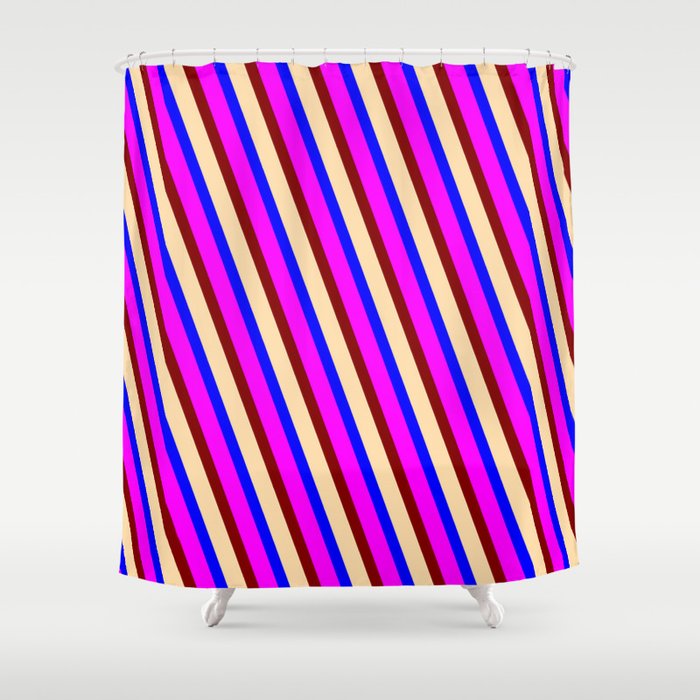 Blue, Fuchsia, Maroon, and Tan Colored Lined Pattern Shower Curtain