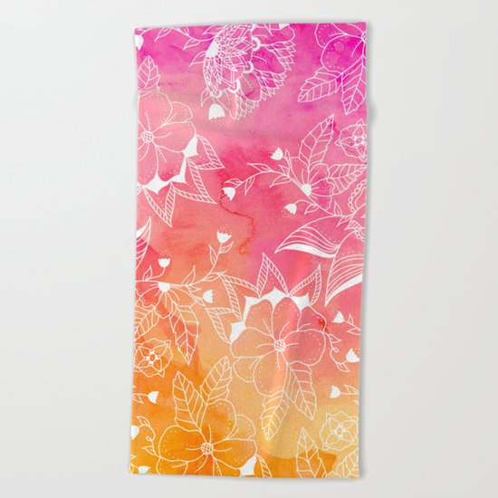 Modern summer pink orange sunset watercolor floral hand drawn illustration Beach Towel