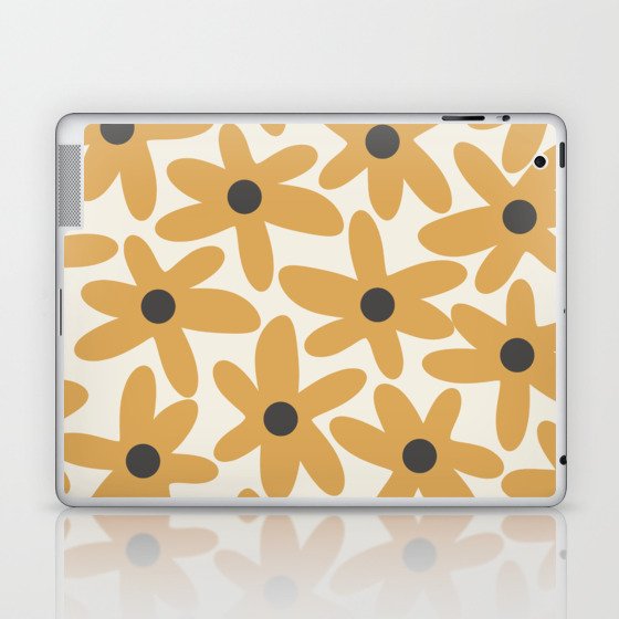 Daisy Time Retro Floral Pattern in Muted Mustard Gold, Charcoal Grey, and Cream Laptop & iPad Skin
