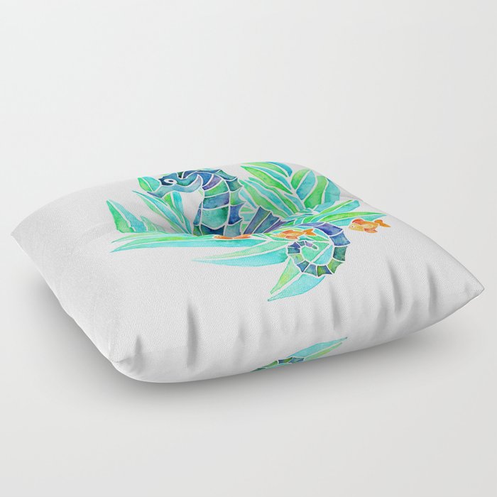 Seahorse Watercolor- Blue & Green Floor Pillow