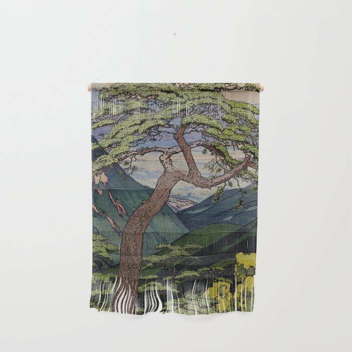 The Downwards Climbing - Summer Tree & Mountain Ukiyoe Nature Landscape in Green Wall Hanging