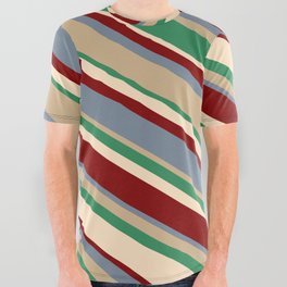 [ Thumbnail: Vibrant Light Slate Gray, Tan, Sea Green, Bisque, and Maroon Colored Lines Pattern All Over Graphic Tee ]