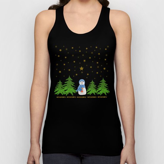Sparkly gold stars, snowman and green tree Unisex Tank Top