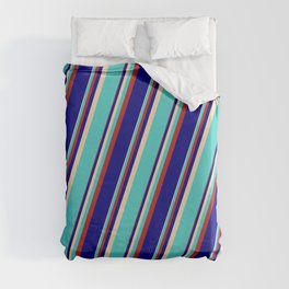[ Thumbnail: Tan, Turquoise, Red & Blue Colored Lined Pattern Duvet Cover ]