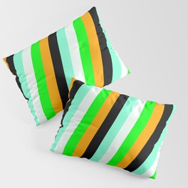 [ Thumbnail: Vibrant Lime, Orange, Black, Aquamarine & Mint Cream Colored Pattern of Stripes Pillow Sham ]