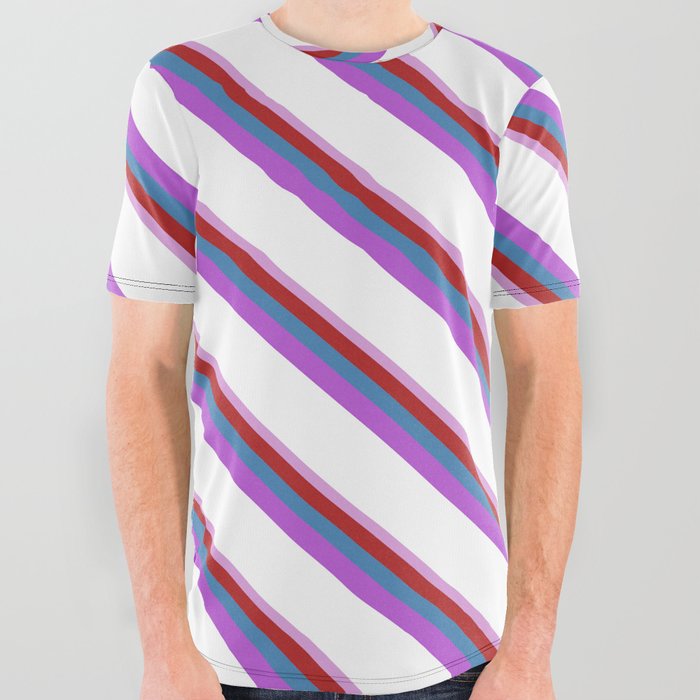 Eye-catching Plum, Red, Blue, Orchid, and White Colored Stripes/Lines Pattern All Over Graphic Tee