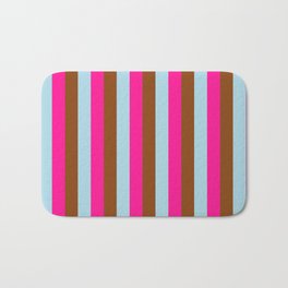 [ Thumbnail: Deep Pink, Brown, and Light Blue Colored Pattern of Stripes Bath Mat ]