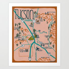 Tucson Arizona Illustrated Map- Rust Art Print