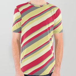 [ Thumbnail: Gray, Tan, Light Yellow & Crimson Colored Lines Pattern All Over Graphic Tee ]