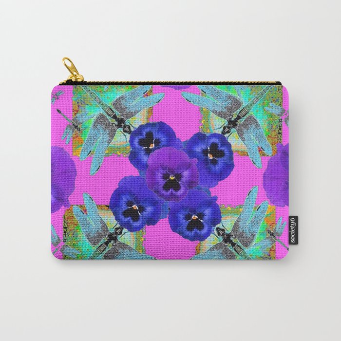PURPLE PANSIES & BLUE-GREEN DRAGONFLIES ABSTRACT Carry-All Pouch