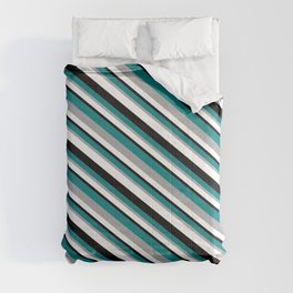 [ Thumbnail: Teal, Dark Grey, White, and Black Colored Lines/Stripes Pattern Comforter ]